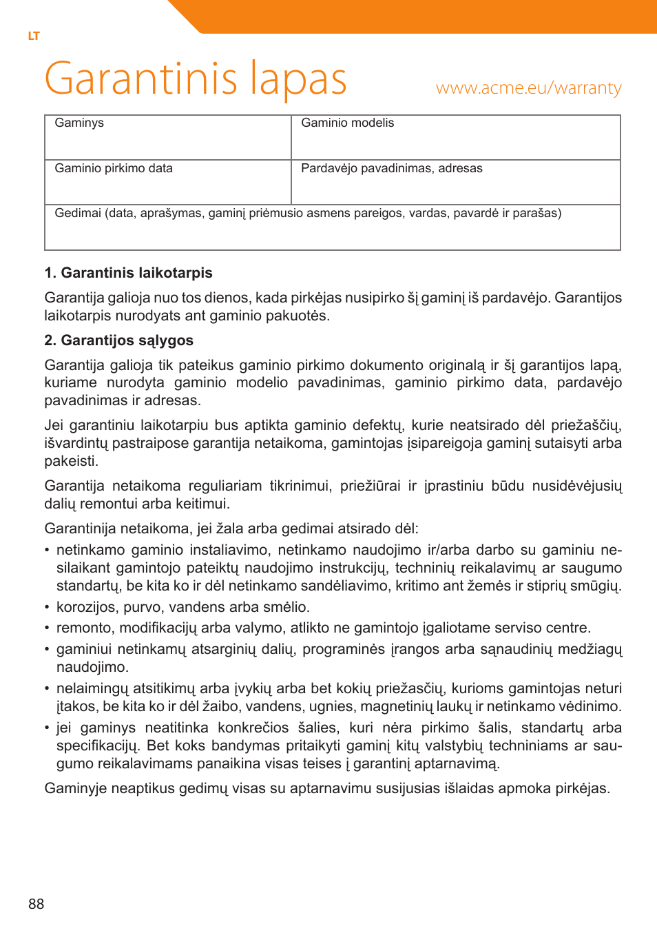 Garantinis lapas | Acme MP01 User Manual | Page 88 / 94