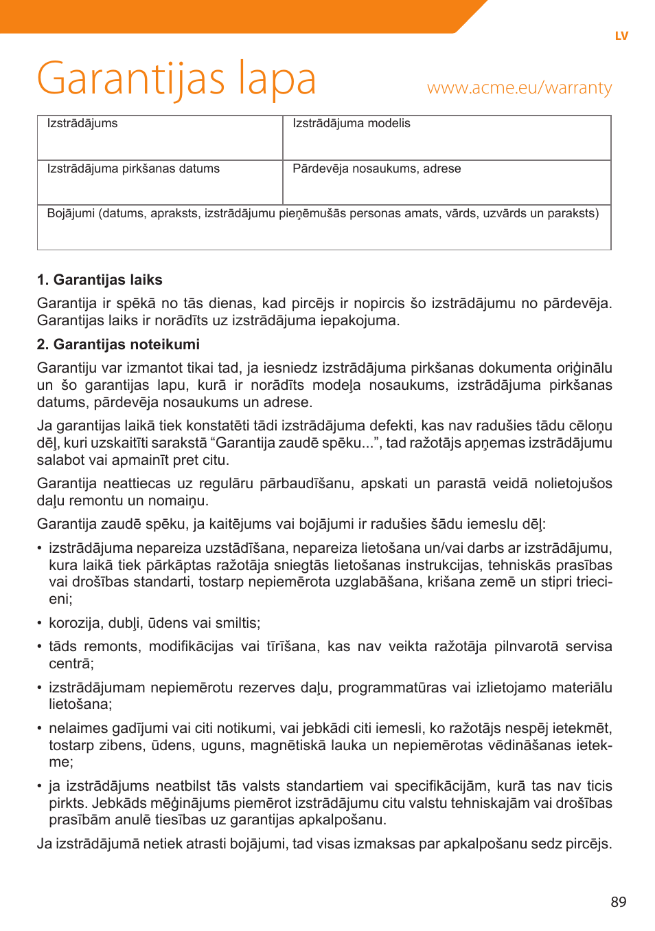 Garantijas lapa | Acme MP01 User Manual | Page 89 / 94