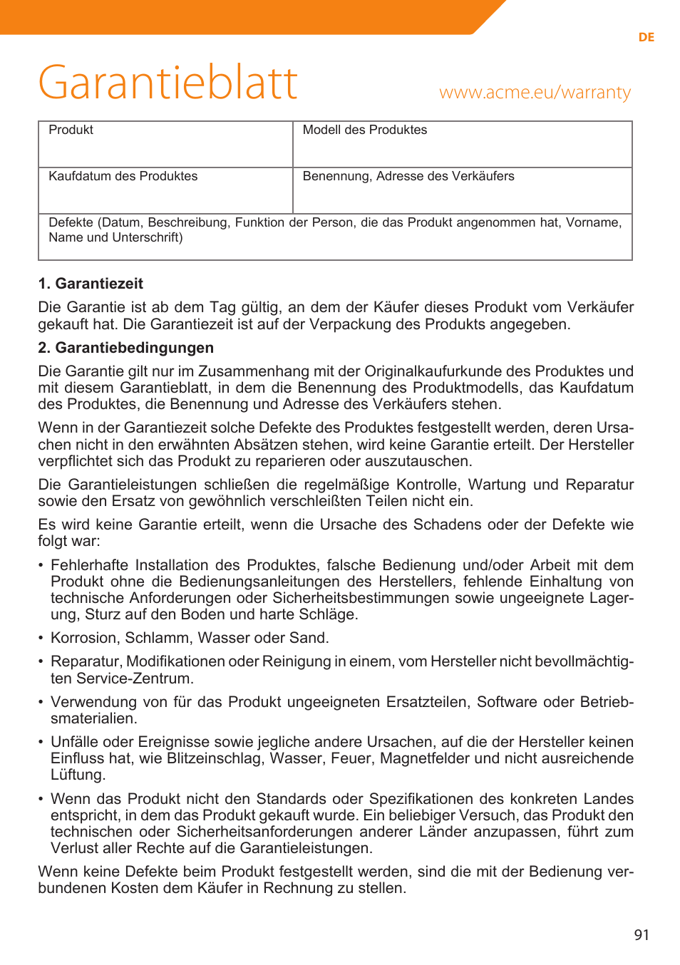 Garantieblatt | Acme MP01 User Manual | Page 91 / 94
