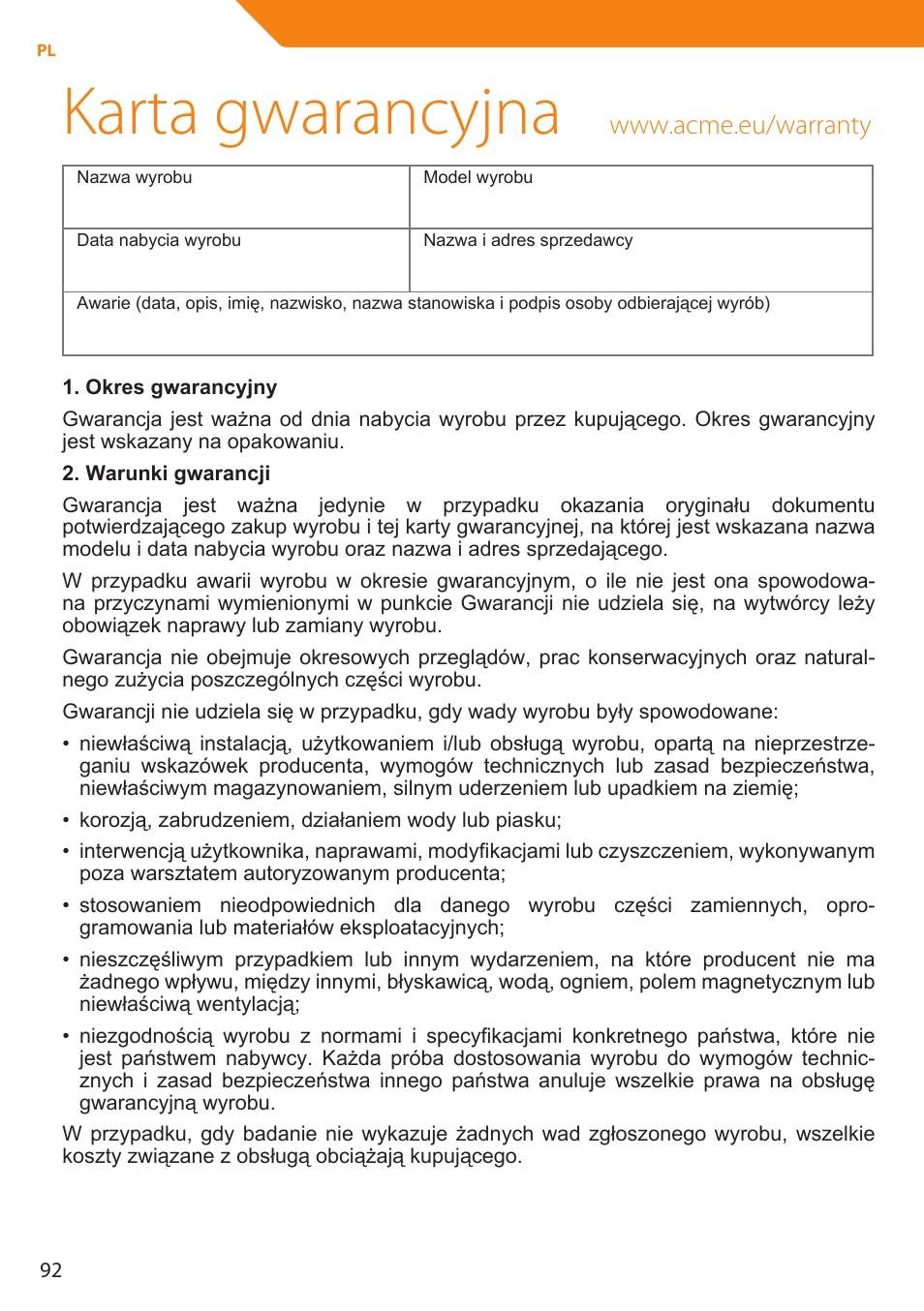 Karta gwarancyjna | Acme MP01 User Manual | Page 92 / 94