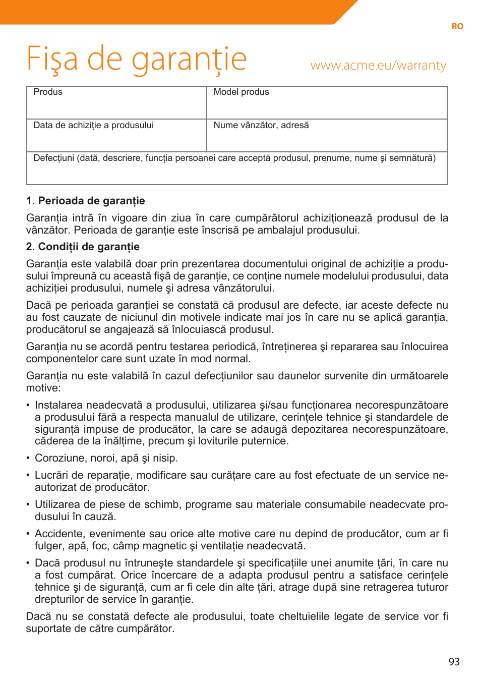 Fişa de garanţie | Acme MP01 User Manual | Page 93 / 94