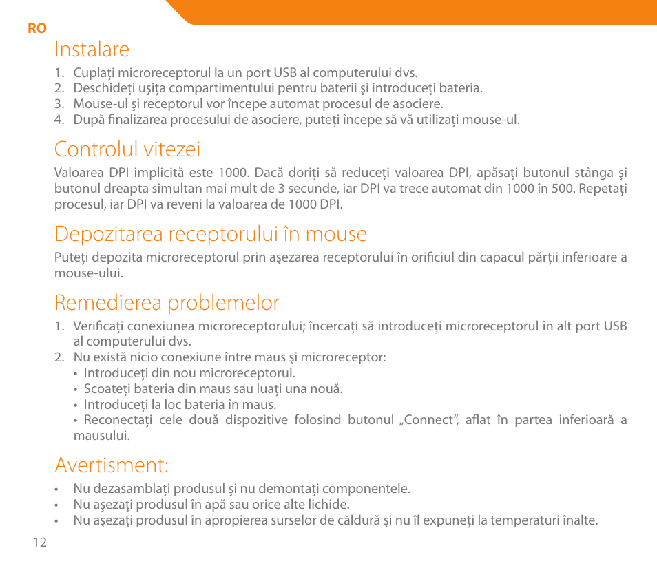 Instalare, Controlul vitezei, Depozitarea receptorului în mouse | Remedierea problemelor, Avertisment | Acme MW04 User Manual | Page 12 / 28