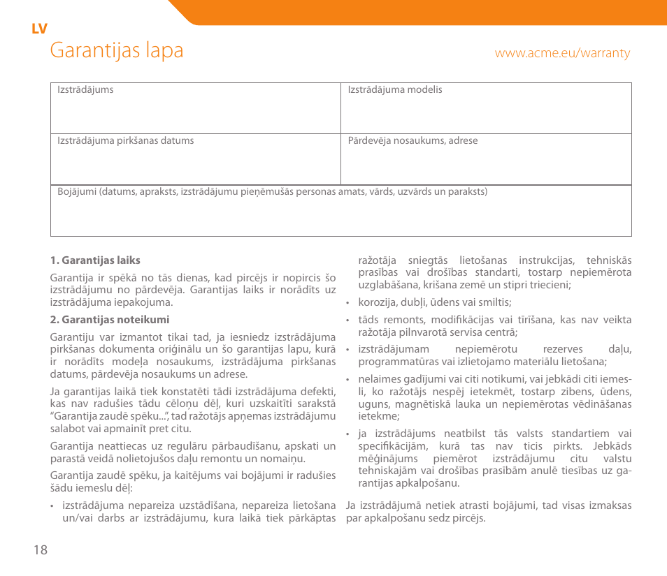Garantijas lapa | Acme MW04 User Manual | Page 18 / 28