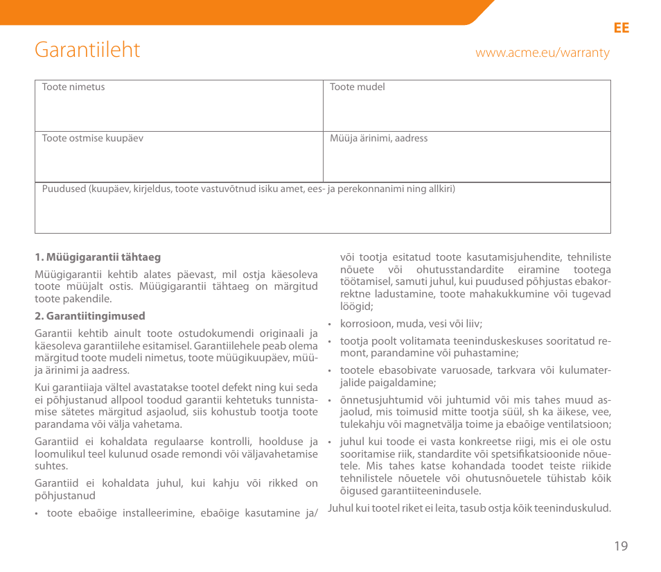 Garantiileht | Acme MW04 User Manual | Page 19 / 28