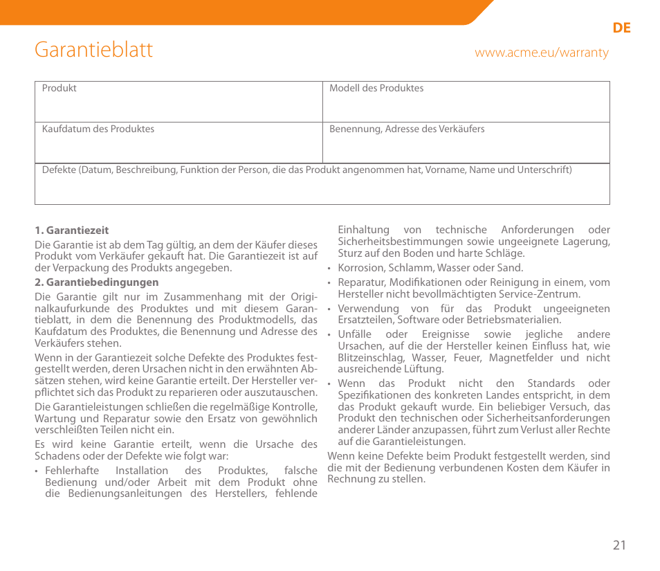 Garantieblatt | Acme MW04 User Manual | Page 21 / 28