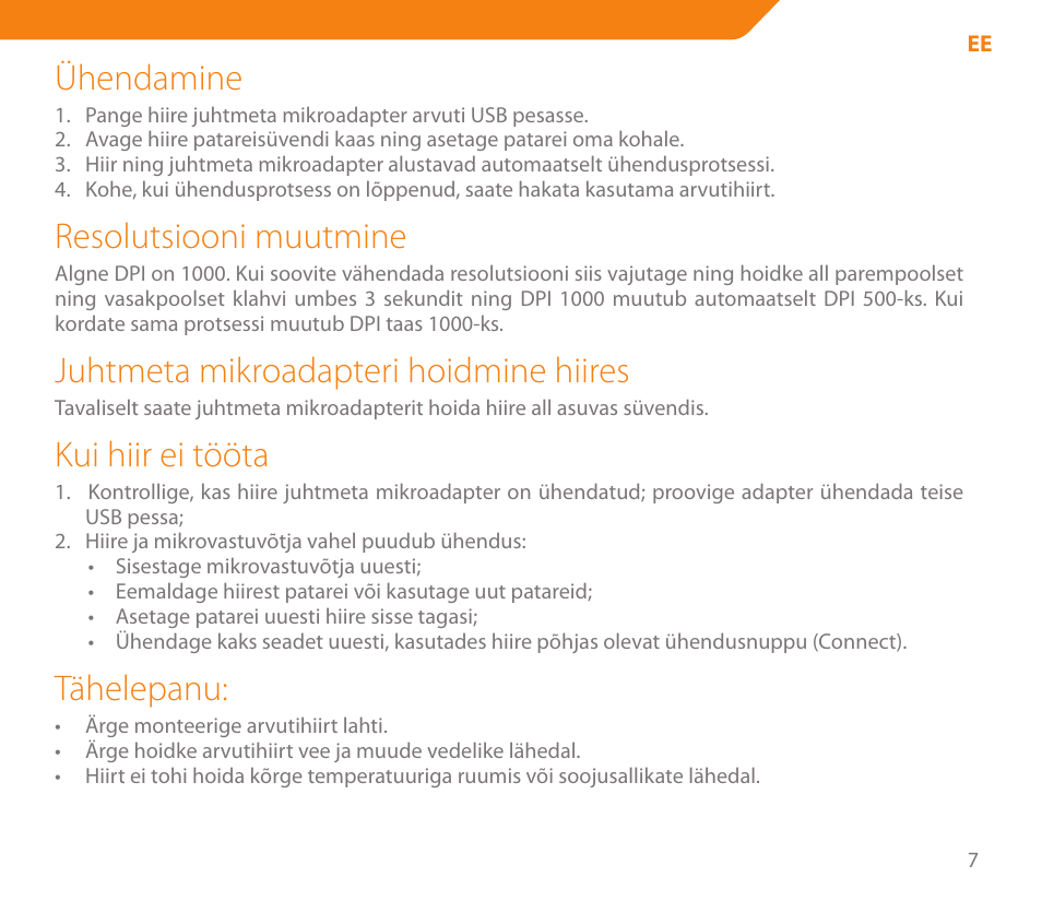 Ühendamine, Resolutsiooni muutmine, Juhtmeta mikroadapteri hoidmine hiires | Kui hiir ei tööta, Tähelepanu | Acme MW04 User Manual | Page 7 / 28