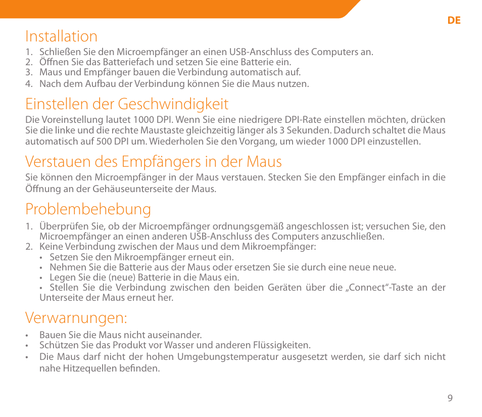 Installation, Einstellen der geschwindigkeit, Verstauen des empfängers in der maus | Problembehebung, Verwarnungen | Acme MW04 User Manual | Page 9 / 28