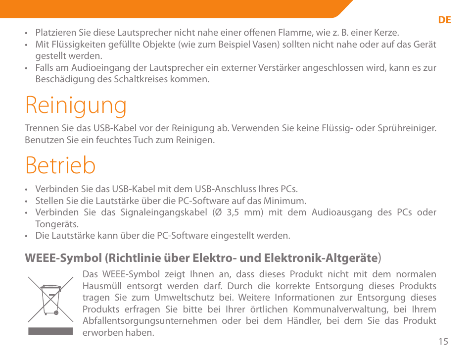 Reinigung, Betrieb | Acme SA-104 User Manual | Page 15 / 42