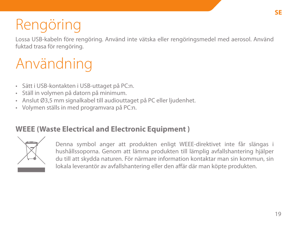 Rengöring, Användning | Acme SA-104 User Manual | Page 19 / 42