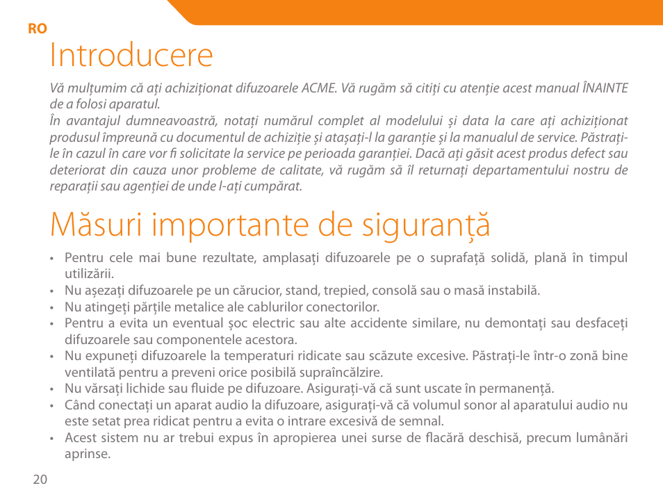 Introducere, Măsuri importante de siguranţă | Acme SA-104 User Manual | Page 20 / 42