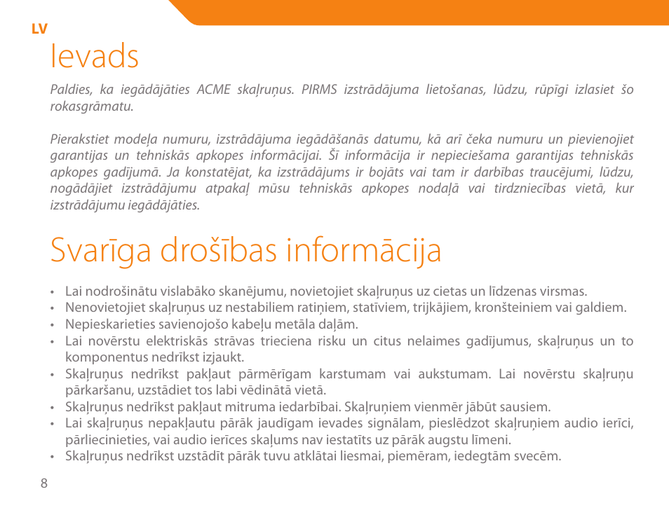 Ievads, Svarīga drošības informācija | Acme SA-104 User Manual | Page 8 / 42