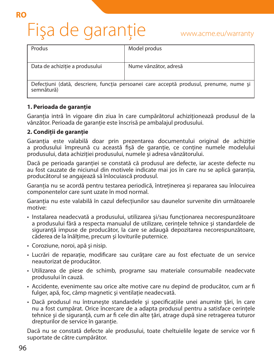Fişa de garanţie | Acme PLB114B User Manual | Page 96 / 100