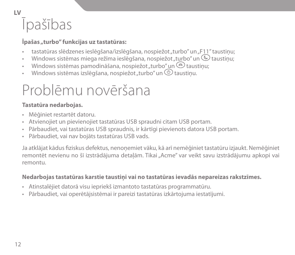 Īpašības, Problēmu novēršana | Acme KS-03 User Manual | Page 12 / 52
