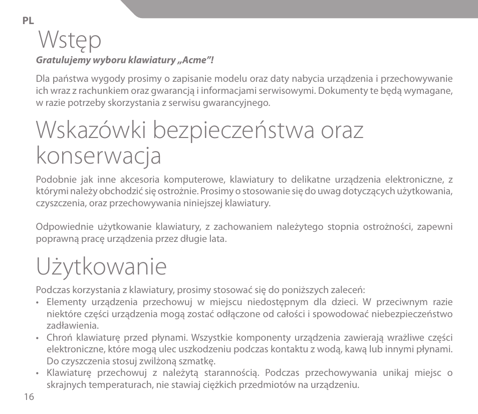 Wstęp, Wskazówki bezpieczeństwa oraz konserwacja, Użytkowanie | Acme KS-03 User Manual | Page 16 / 52
