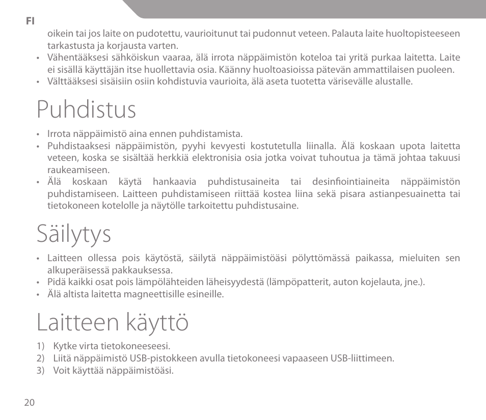 Puhdistus, Säilytys, Laitteen käyttö | Acme KS-03 User Manual | Page 20 / 52