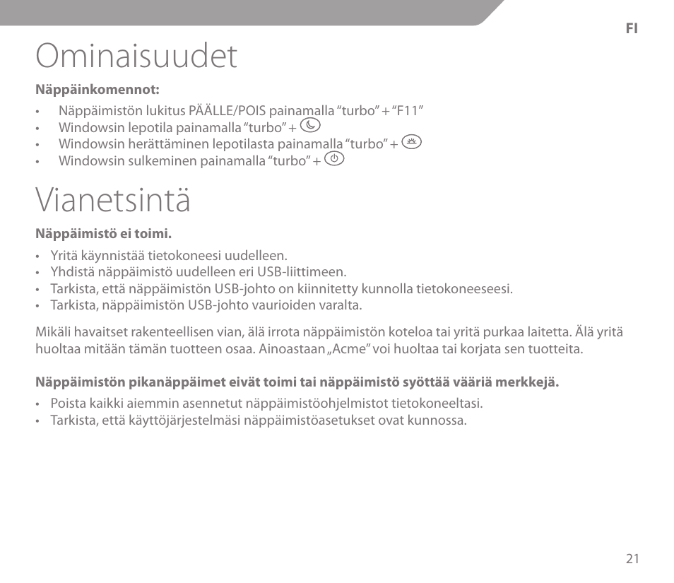 Ominaisuudet, Vianetsintä | Acme KS-03 User Manual | Page 21 / 52