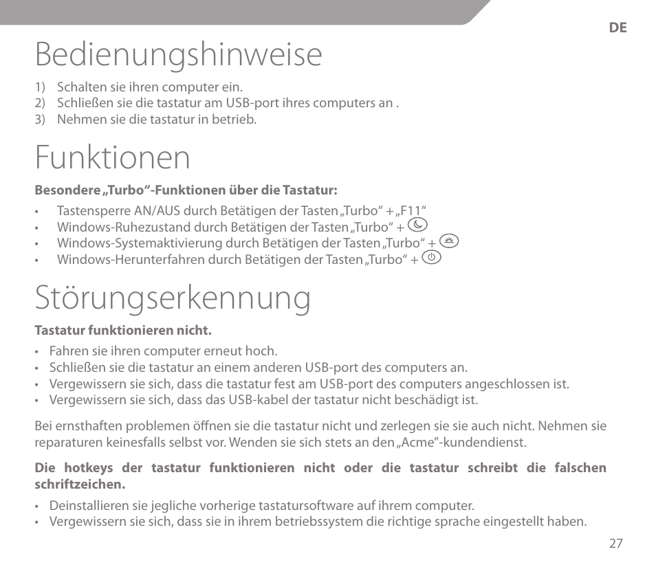 Bedienungshinweise, Funktionen, Störungserkennung | Acme KS-03 User Manual | Page 27 / 52