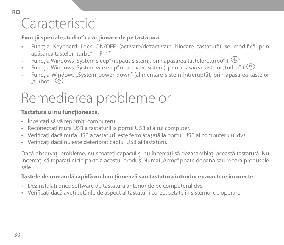 Caracteristici, Remedierea problemelor | Acme KS-03 User Manual | Page 30 / 52