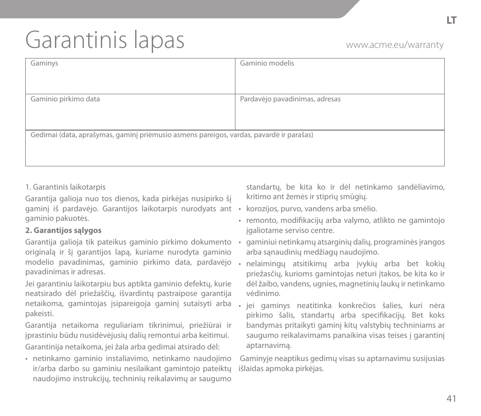 Garantinis lapas | Acme KS-03 User Manual | Page 41 / 52