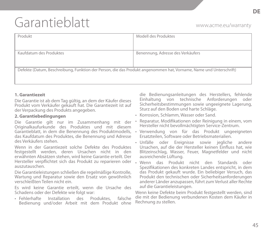 Garantieblatt | Acme KS-03 User Manual | Page 45 / 52