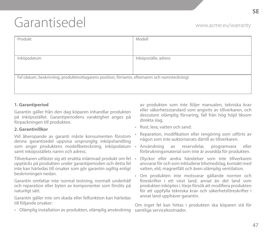 Garantisedel | Acme KS-03 User Manual | Page 47 / 52