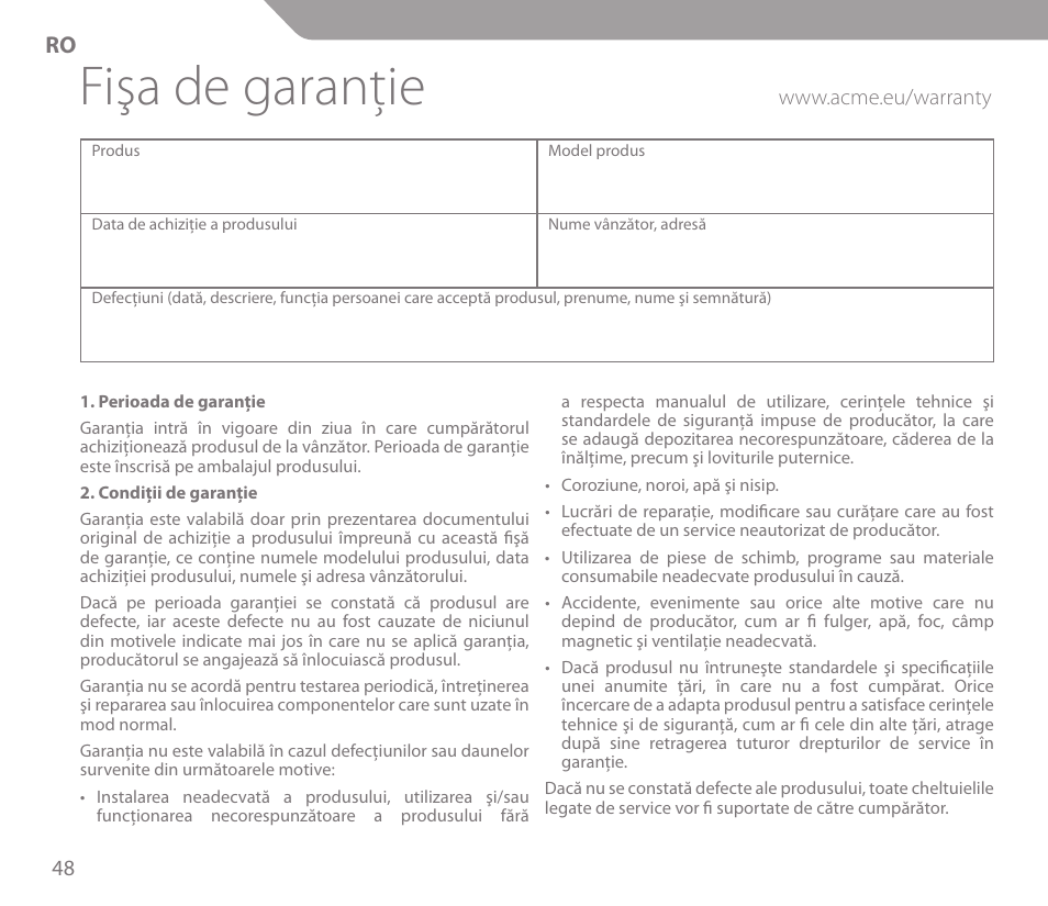 Fişa de garanţie | Acme KS-03 User Manual | Page 48 / 52