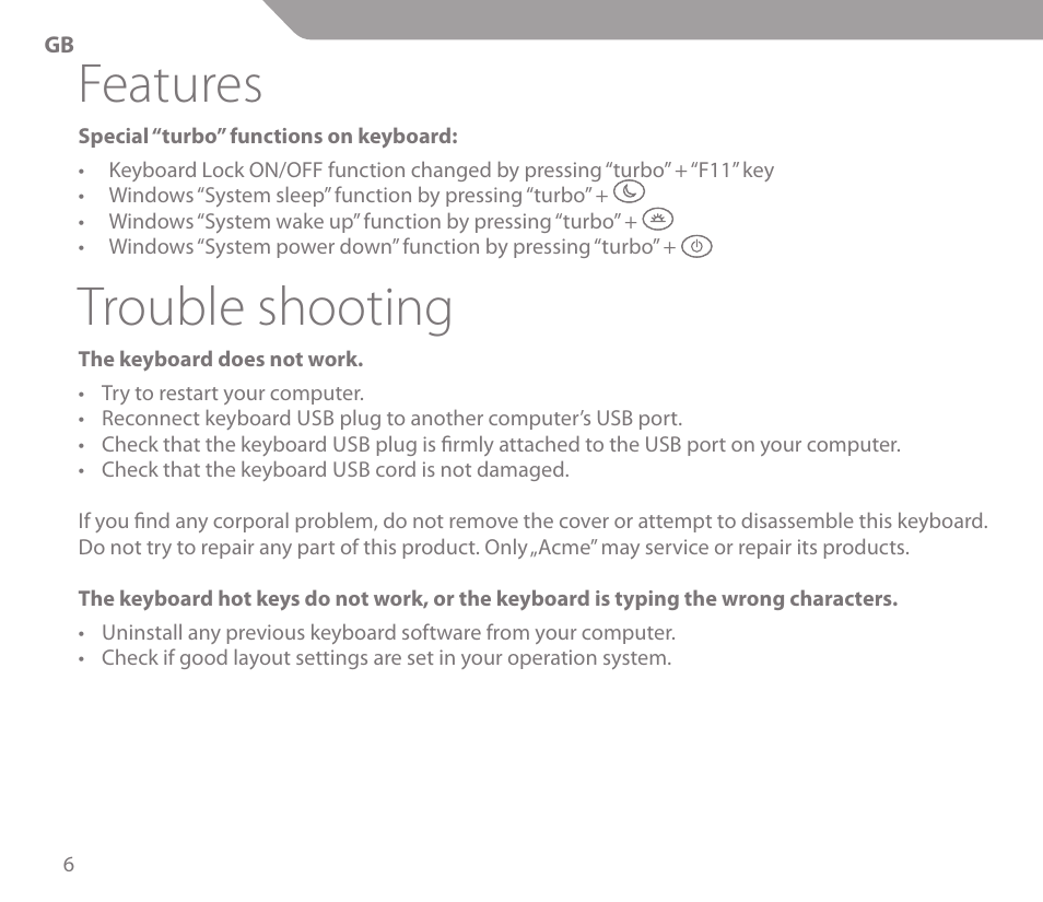 Features, Trouble shooting | Acme KS-03 User Manual | Page 6 / 52
