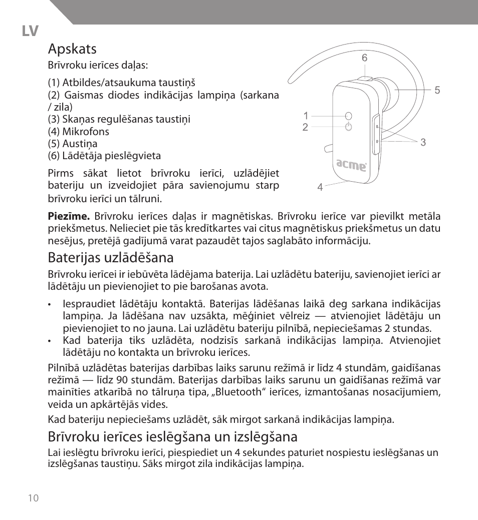 Apskats, Baterijas uzlādēšana, Brīvroku ierīces ieslēgšana un izslēgšana | Acme BH04 User Manual | Page 10 / 38