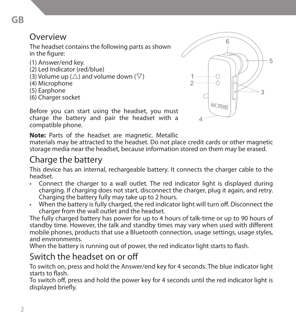 Overview, Charge the battery, Switch the headset on or off | Acme BH04 User Manual | Page 2 / 38