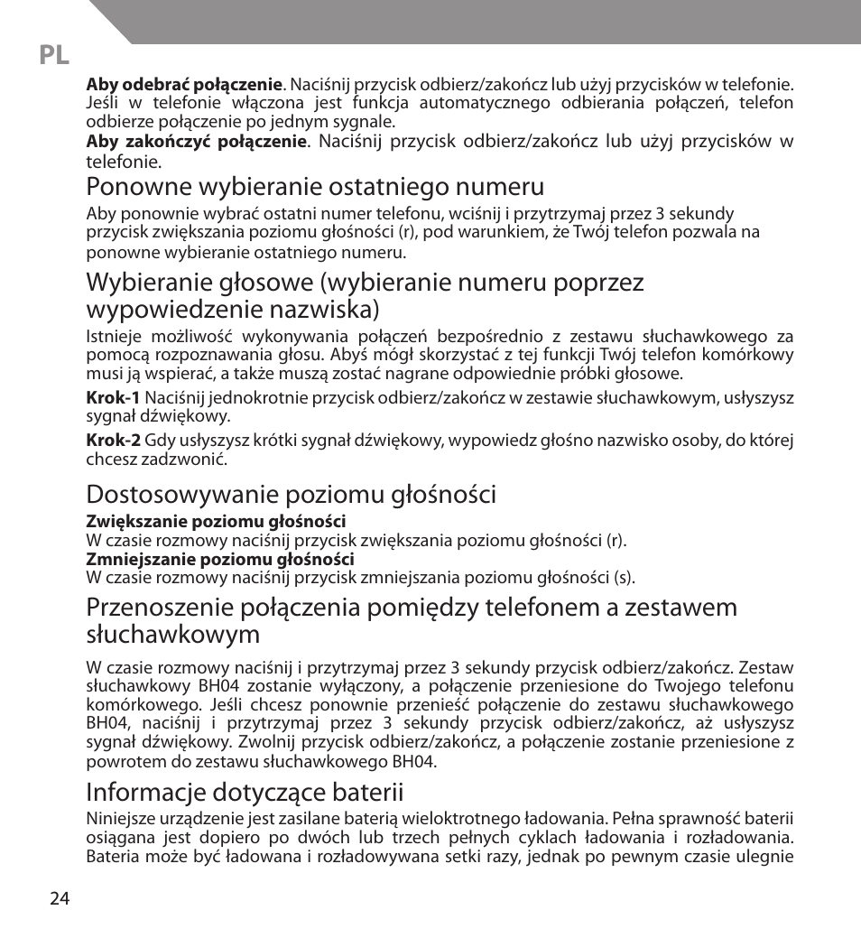 Ponowne wybieranie ostatniego numeru, Dostosowywanie poziomu głośności, Informacje dotyczące baterii | Acme BH04 User Manual | Page 24 / 38