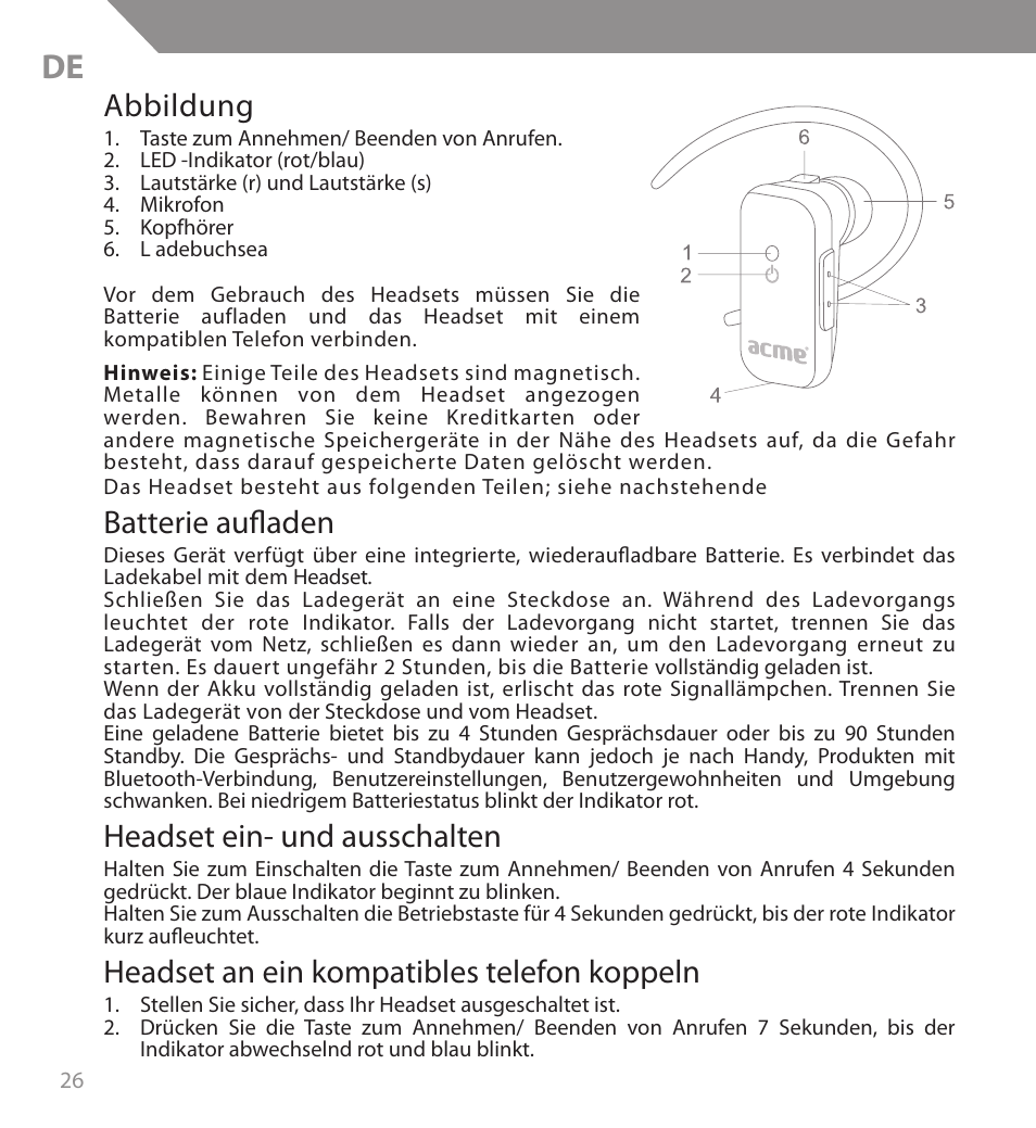 Abbildung, Batterie aufladen, Headset ein- und ausschalten | Headset an ein kompatibles telefon koppeln | Acme BH04 User Manual | Page 26 / 38