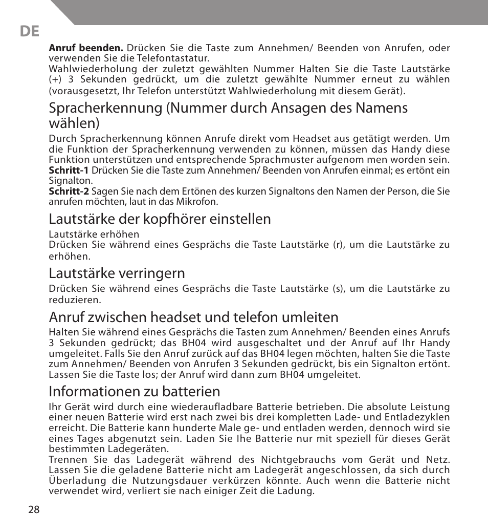 Lautstärke der kopfhörer einstellen, Lautstärke verringern, Anruf zwischen headset und telefon umleiten | Informationen zu batterien | Acme BH04 User Manual | Page 28 / 38