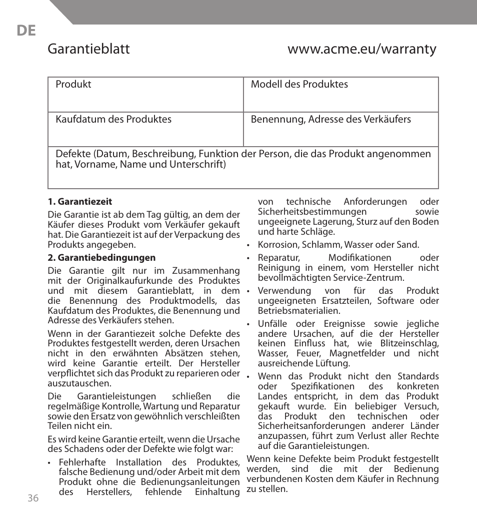 Acme BH04 User Manual | Page 36 / 38