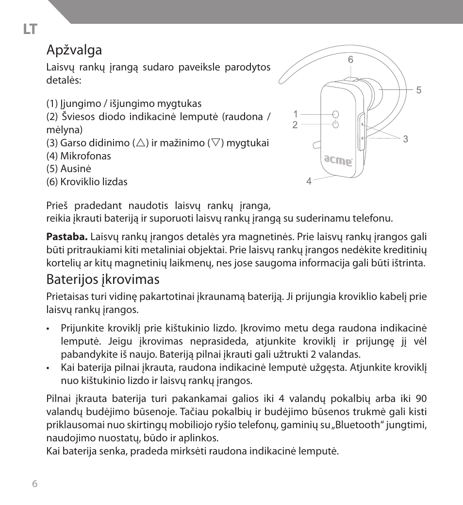 Apžvalga, Baterijos įkrovimas | Acme BH04 User Manual | Page 6 / 38