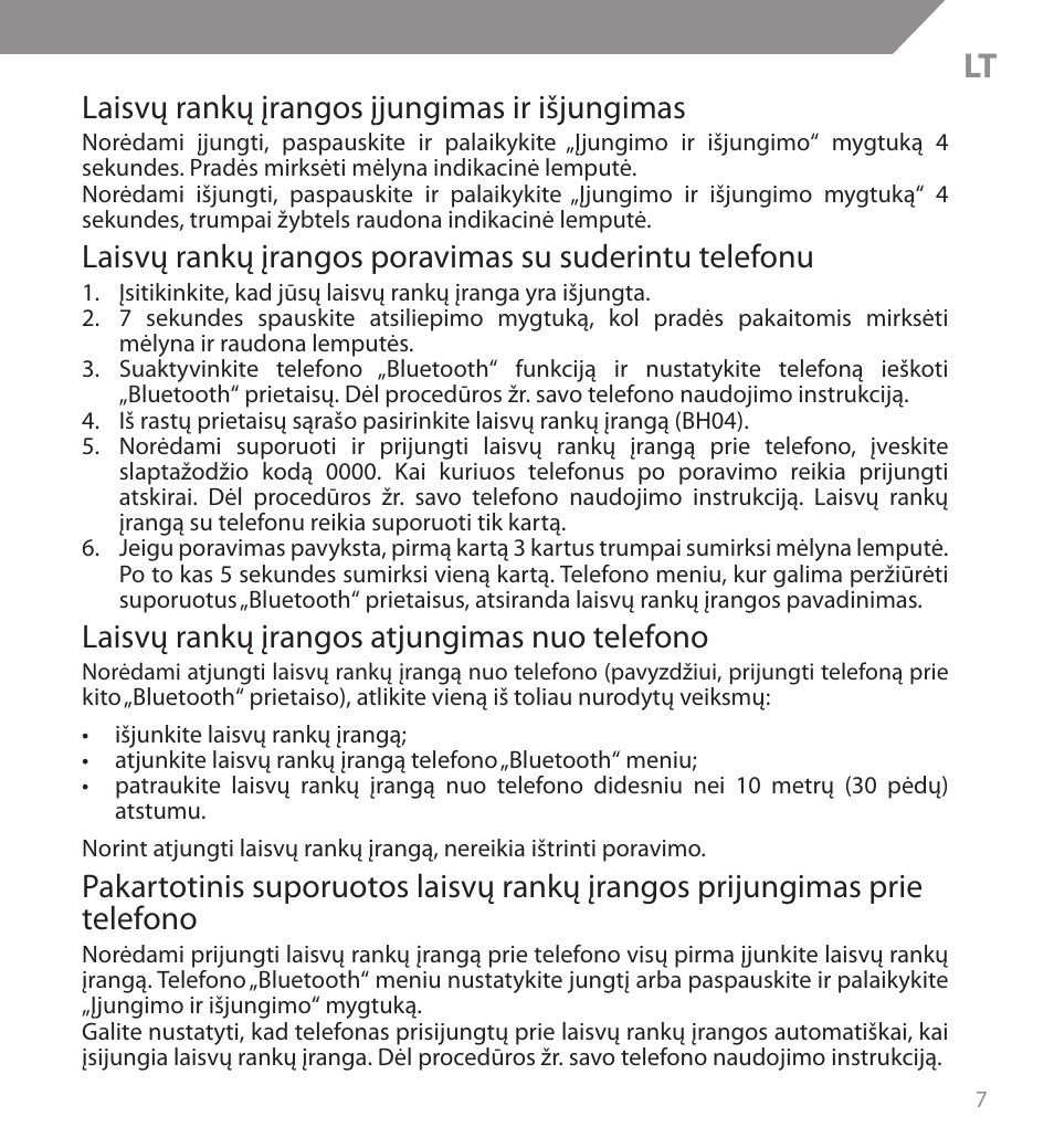 Laisvų rankų įrangos įjungimas ir išjungimas, Laisvų rankų įrangos atjungimas nuo telefono | Acme BH04 User Manual | Page 7 / 38