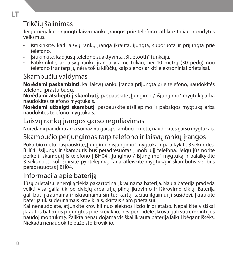 Trikčių šalinimas, Skambučių valdymas, Laisvų rankų įrangos garso reguliavimas | Informacija apie bateriją | Acme BH04 User Manual | Page 8 / 38