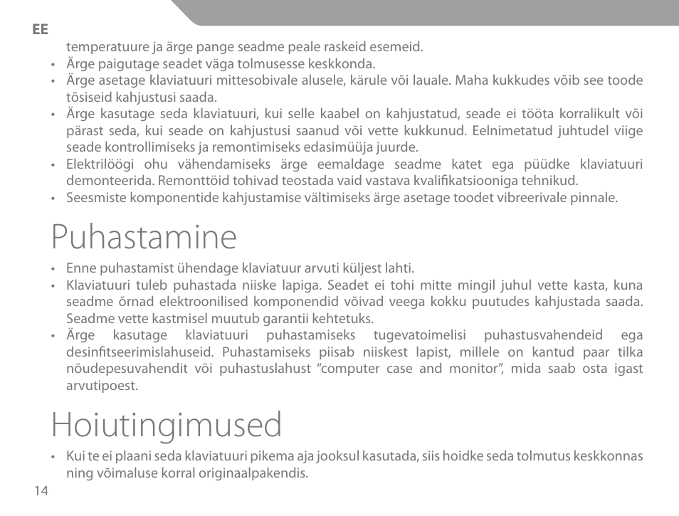 Puhastamine, Hoiutingimused | Acme KS-02 User Manual | Page 14 / 60