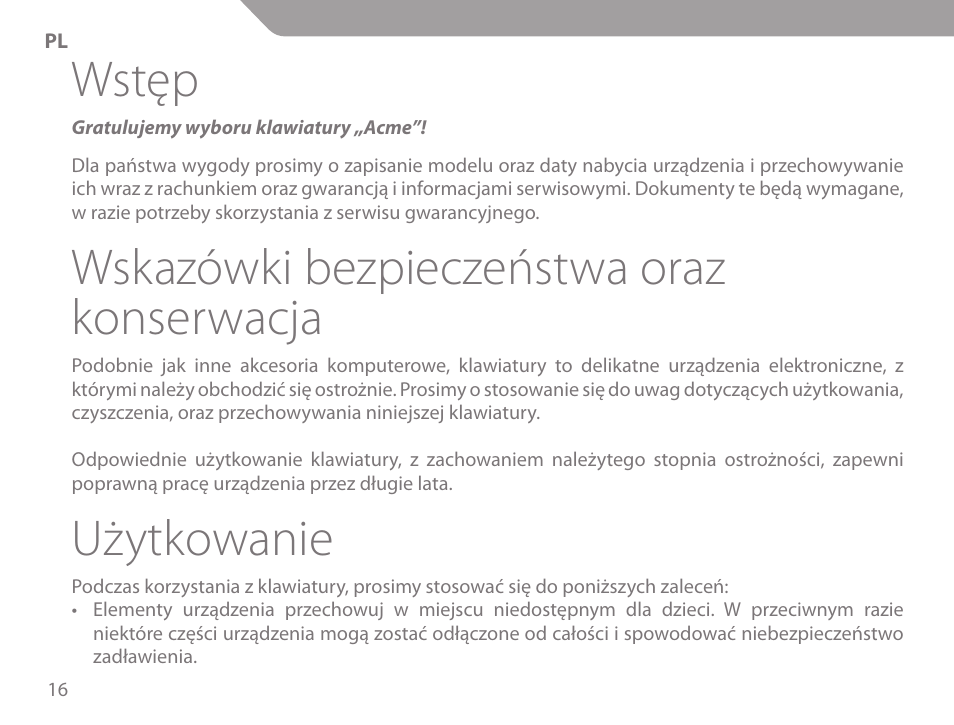 Wstęp, Wskazówki bezpieczeństwa oraz konserwacja, Użytkowanie | Acme KS-02 User Manual | Page 16 / 60