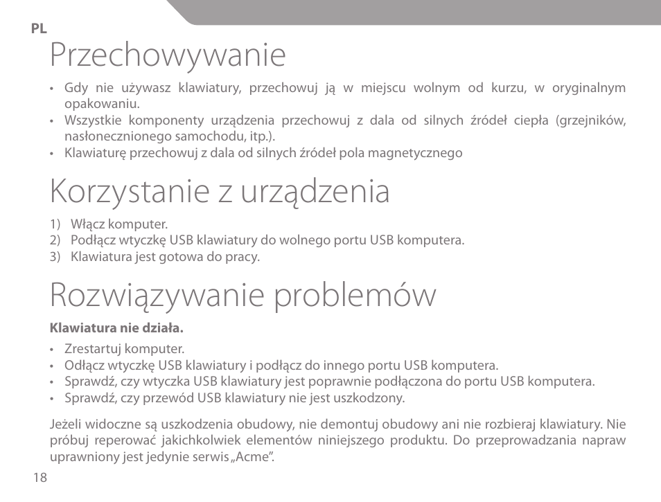 Przechowywanie, Korzystanie z urządzenia, Rozwiązywanie problemów | Acme KS-02 User Manual | Page 18 / 60