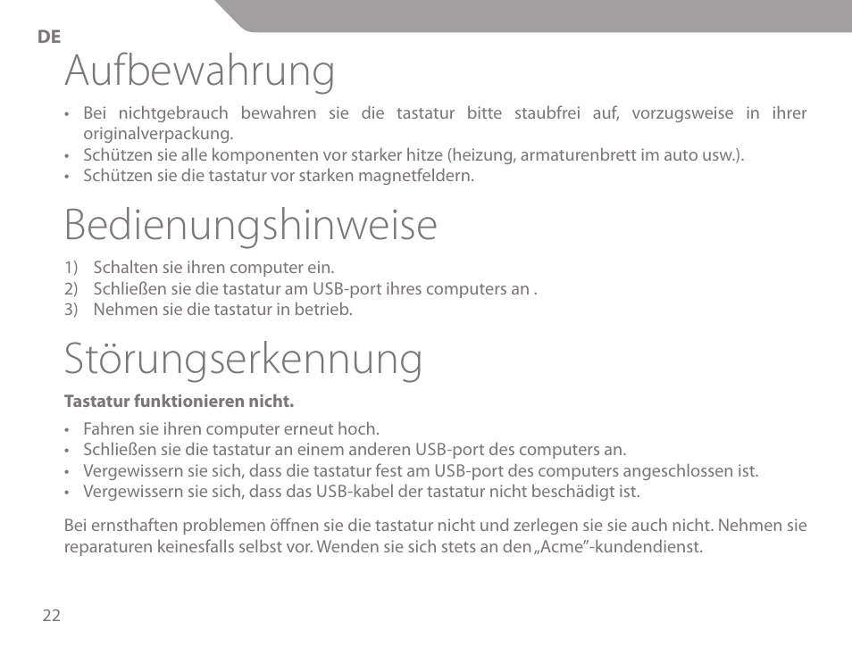 Aufbewahrung, Bedienungshinweise, Störungserkennung | Acme KS-02 User Manual | Page 22 / 60