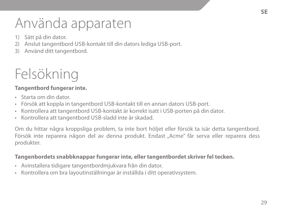 Använda apparaten, Felsökning | Acme KS-02 User Manual | Page 29 / 60