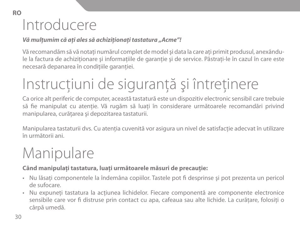 Introducere, Instrucţiuni de siguranţă şi întreţinere, Manipulare | Acme KS-02 User Manual | Page 30 / 60