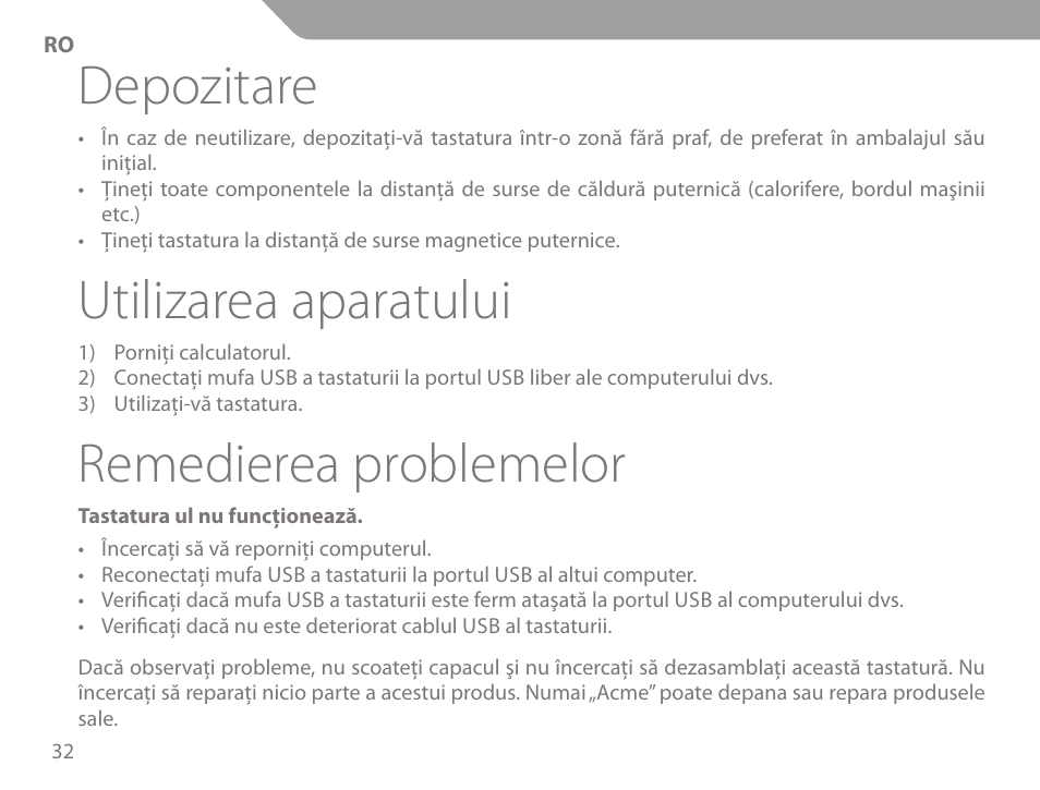 Depozitare, Utilizarea aparatului, Remedierea problemelor | Acme KS-02 User Manual | Page 32 / 60