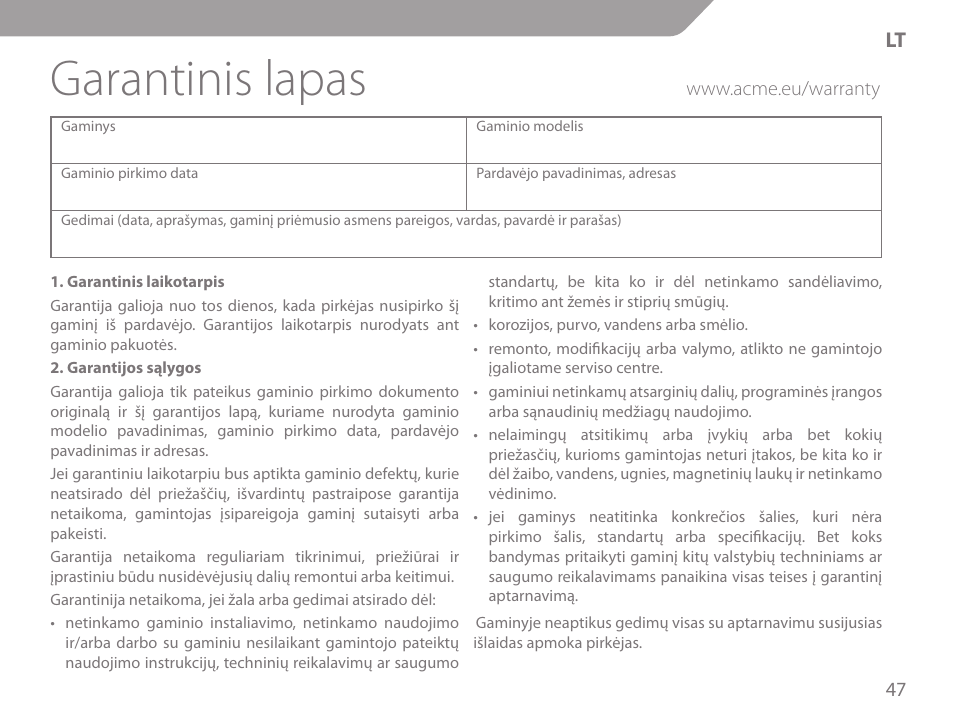 Garantinis lapas | Acme KS-02 User Manual | Page 47 / 60