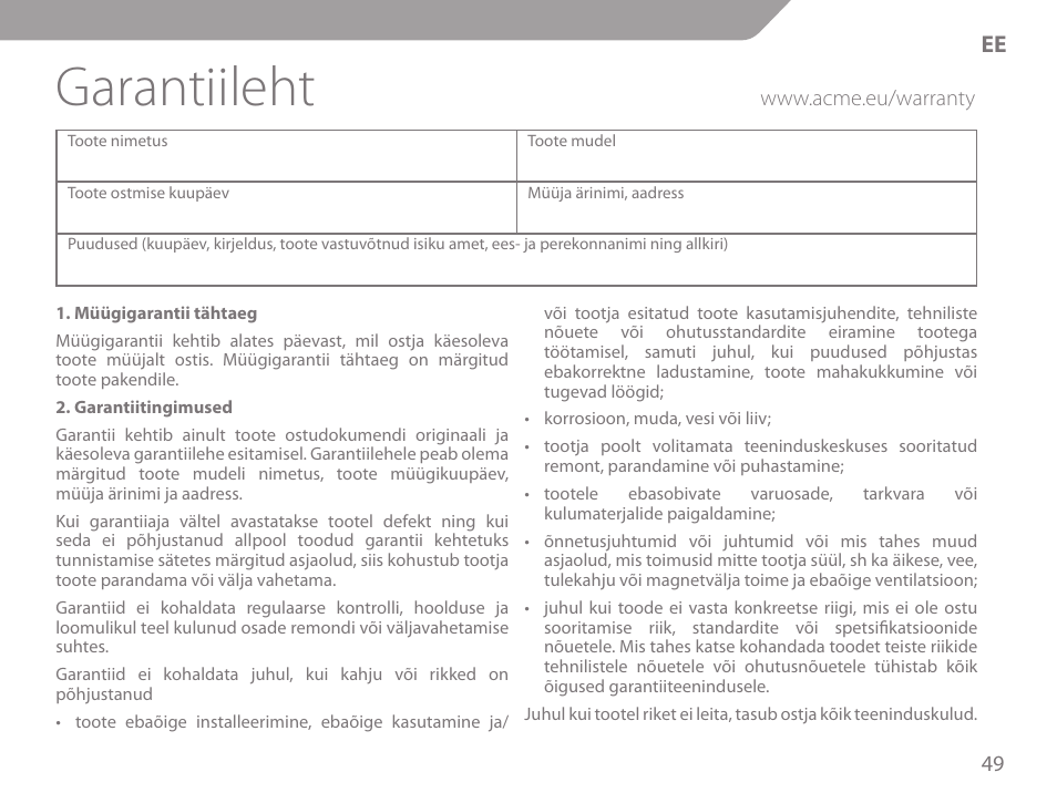 Garantiileht | Acme KS-02 User Manual | Page 49 / 60