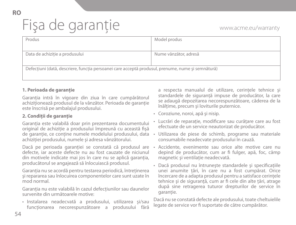 Fişa de garanţie | Acme KS-02 User Manual | Page 54 / 60