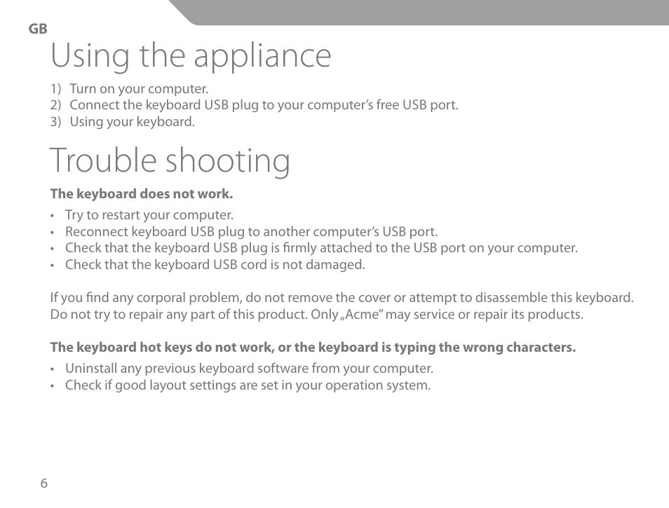 Using the appliance, Trouble shooting | Acme KS-02 User Manual | Page 6 / 60