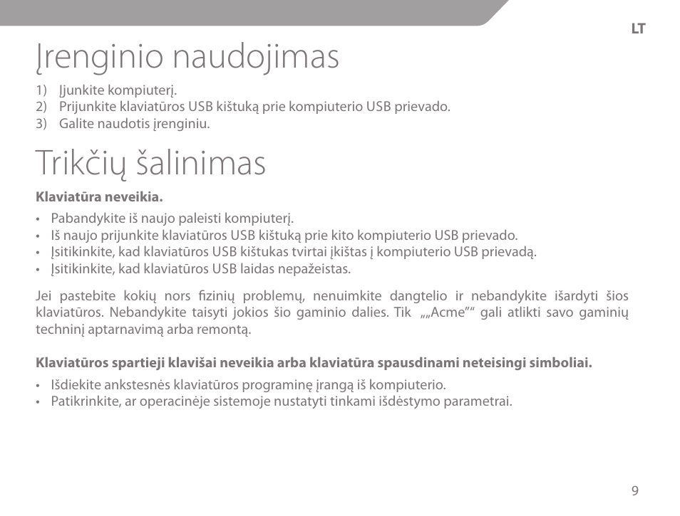 Įrenginio naudojimas, Trikčių šalinimas | Acme KS-02 User Manual | Page 9 / 60