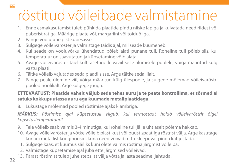 Röstitud võileibade valmistamine | Acme SE-100 User Manual | Page 32 / 102