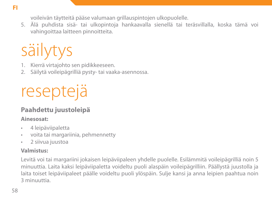 Säilytys, Reseptejä | Acme SE-100 User Manual | Page 58 / 102